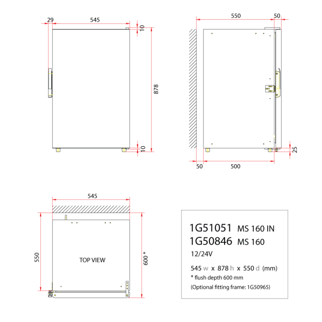 MS160 - 160 Litre stainless marine fridge-DIMS