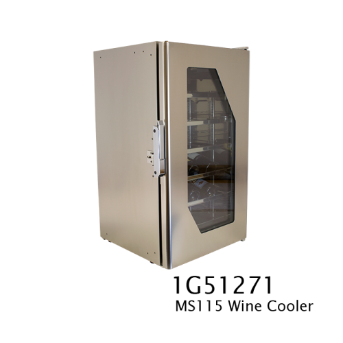 MS115 - 115 litre wine fridge with brushed stainless edged glass door and polished stainless steel interior with angled stainless steel wine shelves