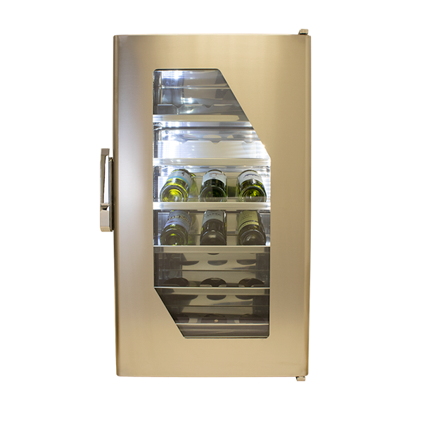 MS130 - 130 litre wine fridge with brushed stainless edged glass door and polished stainless steel interior with angled stainless steel wine shelves-01