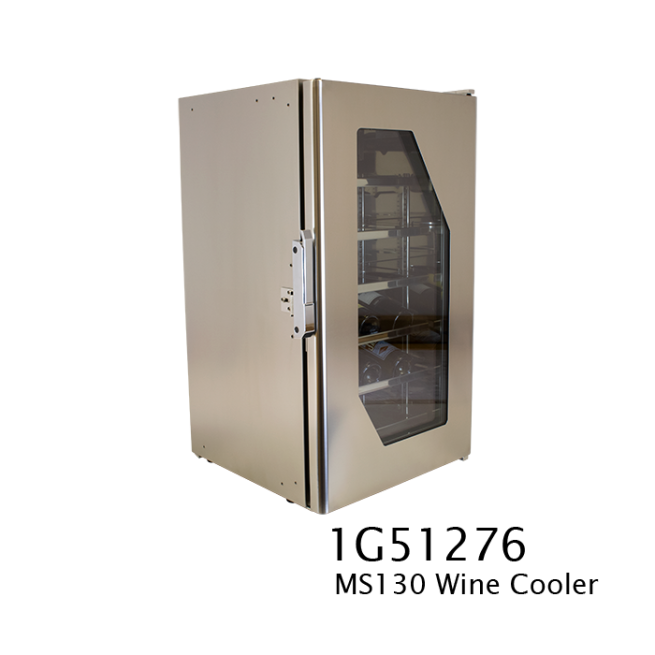 MS130 - 130 litre wine fridge with brushed stainless edged glass door and polished stainless steel interior with angled stainless steel wine shelves