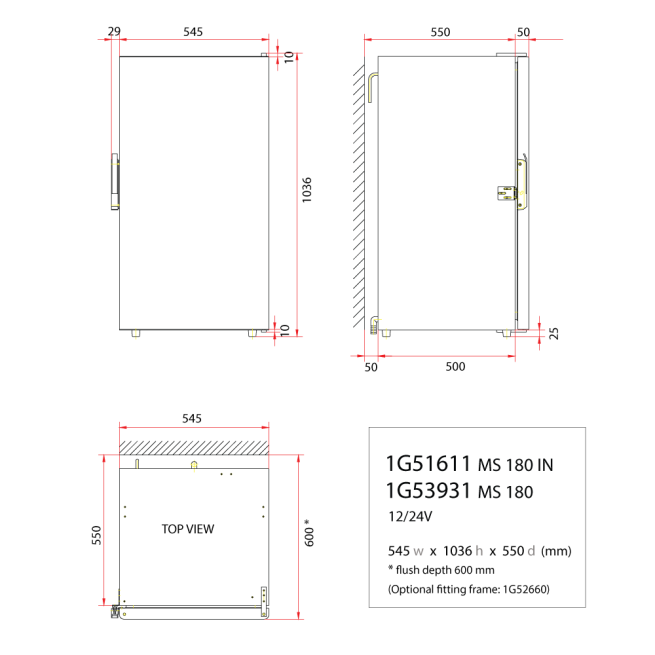 MS180 - 180 Litre stainless marine fridge-DIMS