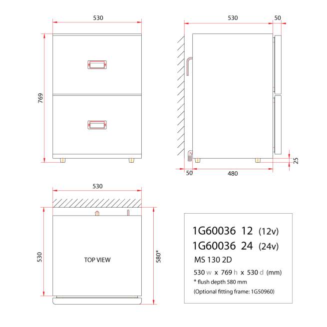 MS130 - 130 Litre stainless marine drawer fridge-DIMS
