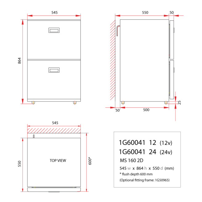 MS160 - 160 Litre stainless marine drawer fridge-DIMS