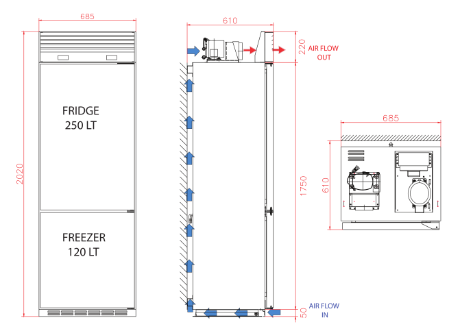 MS700 Stainless steel marine fridge freezer 230V 50/60Htz-DIMS