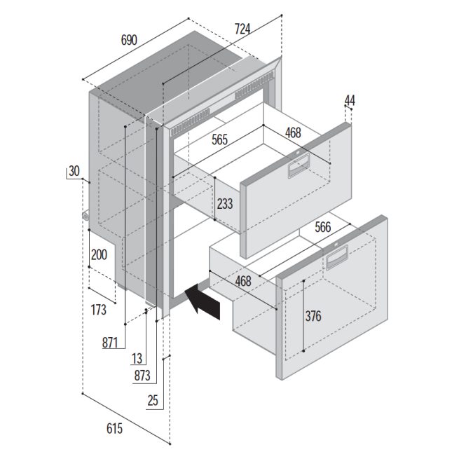 DW210 - 182 Litre 2 drawer 12/24 volt marine fridge or freezer (select option) with integral compressor-DIMS